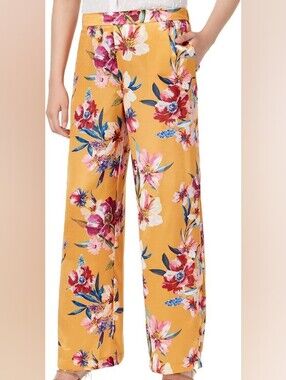 Floral Wide-Leg Pants in Mustard Yellow